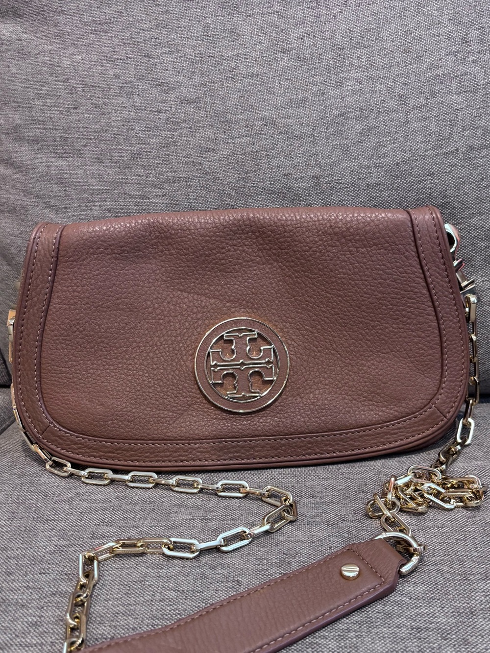 Tory Burch Amanda Brown Beige Pebbled Leather Chain Crossbody